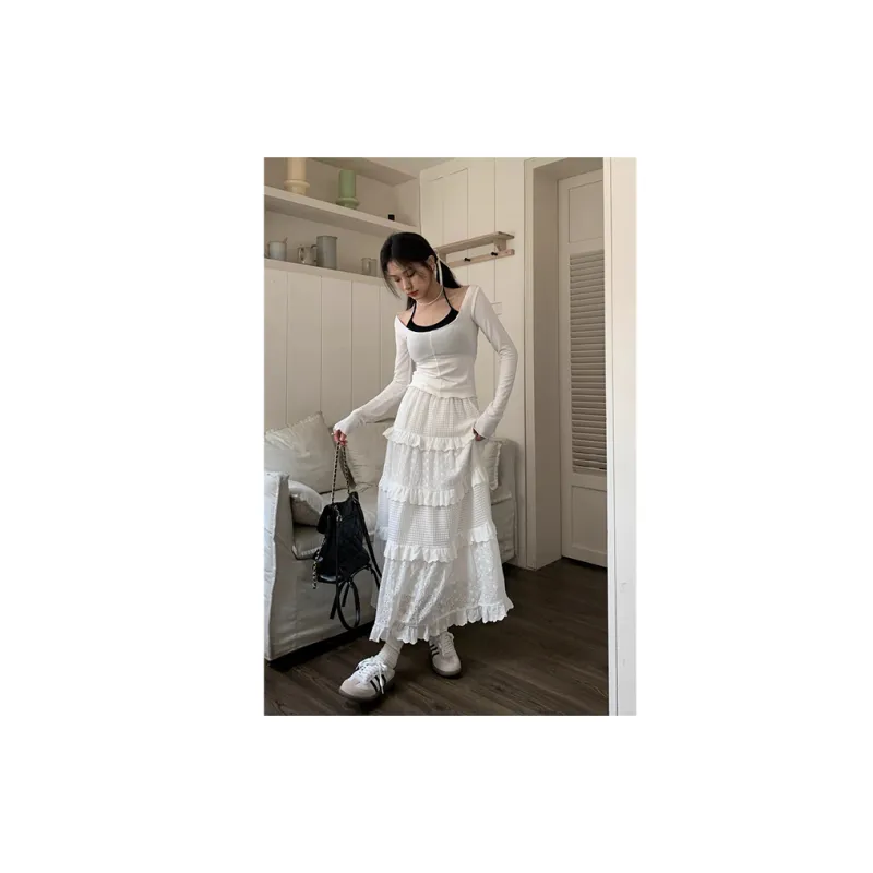 FLIM Casual Long Skirts Women's White Embroidery Lace-12