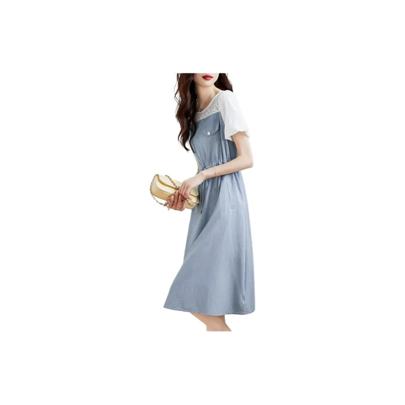 Mo Han Yi Mei Short Sleeved Dresses Women's Denim Blue-1