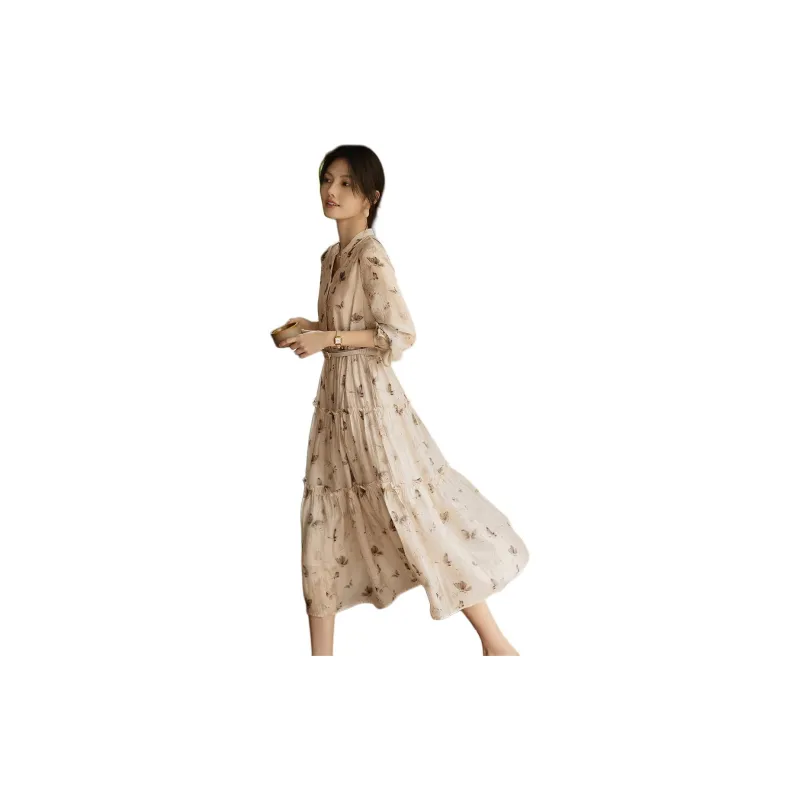 XWI Long Sleeved Dress Women's Beige With Coffee Floral-1