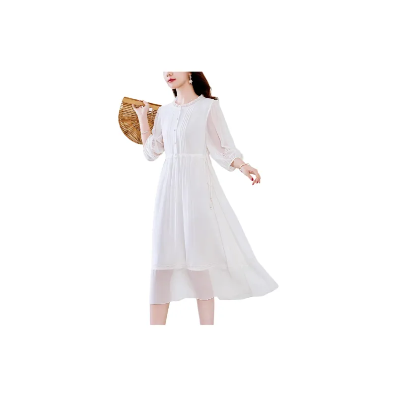 Yi Mengyuan Silk Long Sleeved Dress Women's White-3