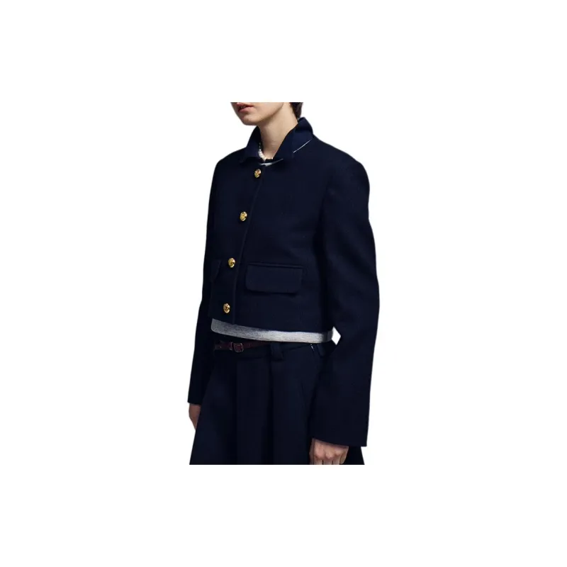 MARDI MERCREDI FW24 WOOL CROPPED JACKET ROUND NECK NAVY Jackets Coats Women's Marine Blue-5