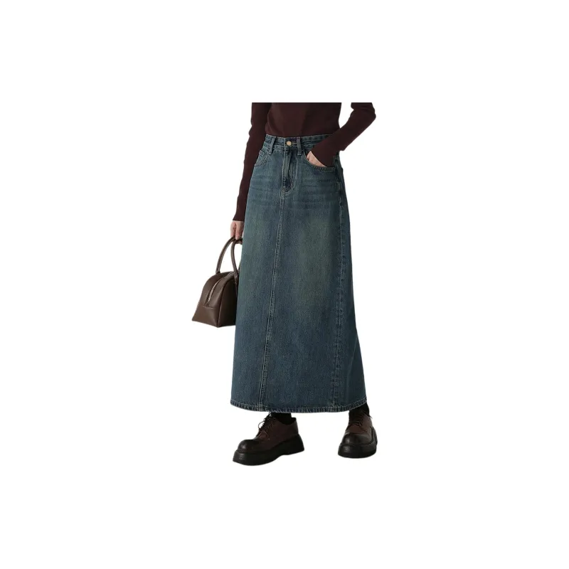 Weixi Denim Long Skirts Women's Vintage Blue-3