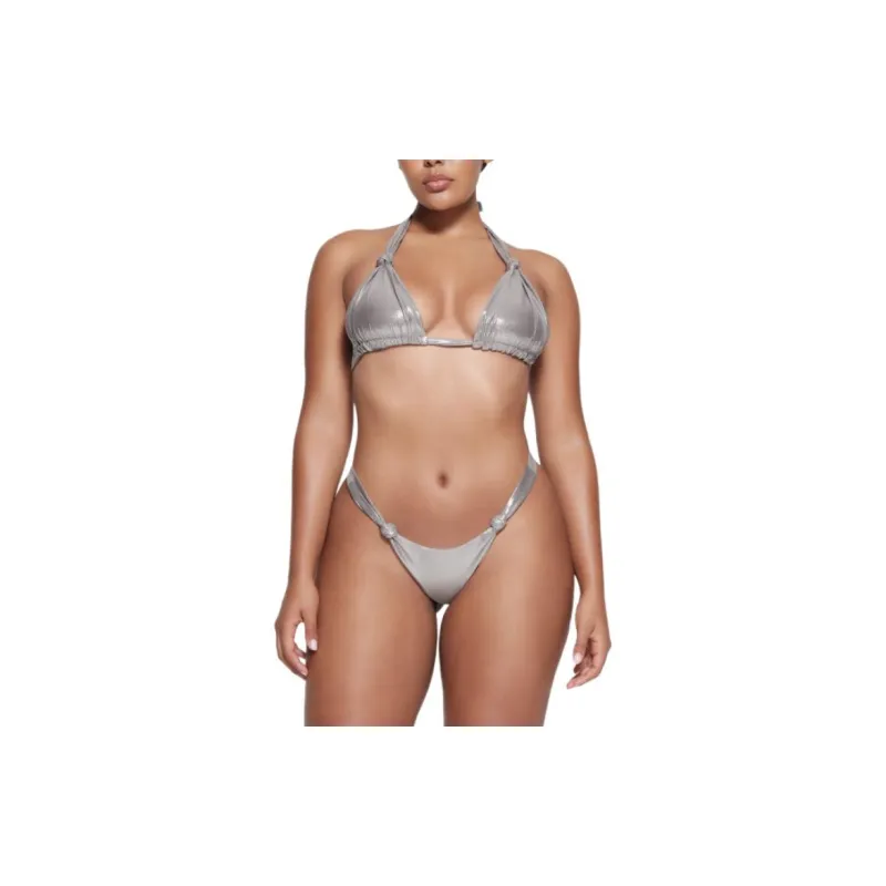 SKIMS LIQUID SHINE SWIM KNOTTED MICRO TRIANGLE TOP Bikini Women's SMOKE/Smoke Gray-1