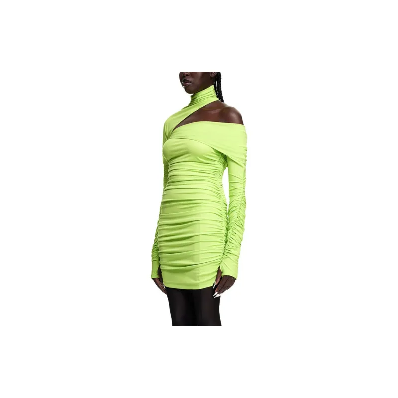 Mugler H&M Gathered One Shoulder Mini Dress Acid Green-3