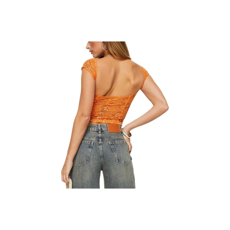 PRINCESS POLLY SHAKMAN LACE TOP Crop Tops Women's ORANGE/Orange-2