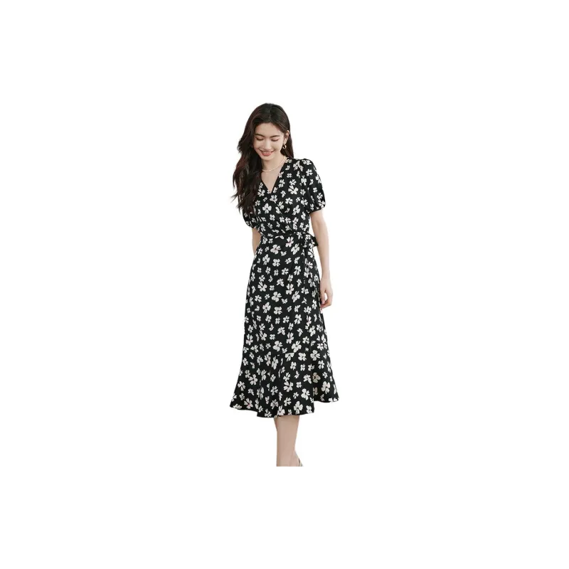 Hopeshow Short-Sleeved Dresses Women's Black Background With Flowers-2
