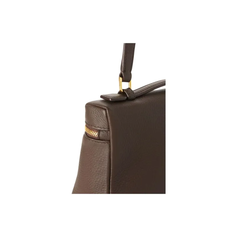 Loro Piana Cow Leather Shoulder Bag Crossbody Bag Handbag Women's Dark Licorice Chocolate With Sun Gold-3