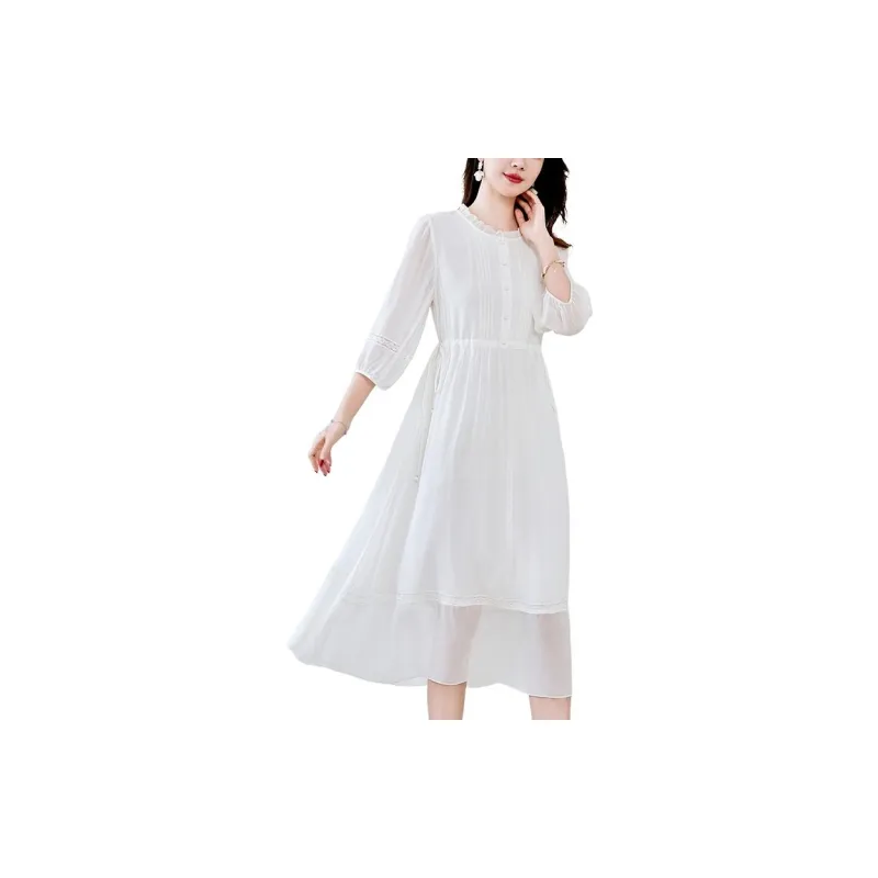 Yi Mengyuan Silk Long Sleeved Dress Women's White-5