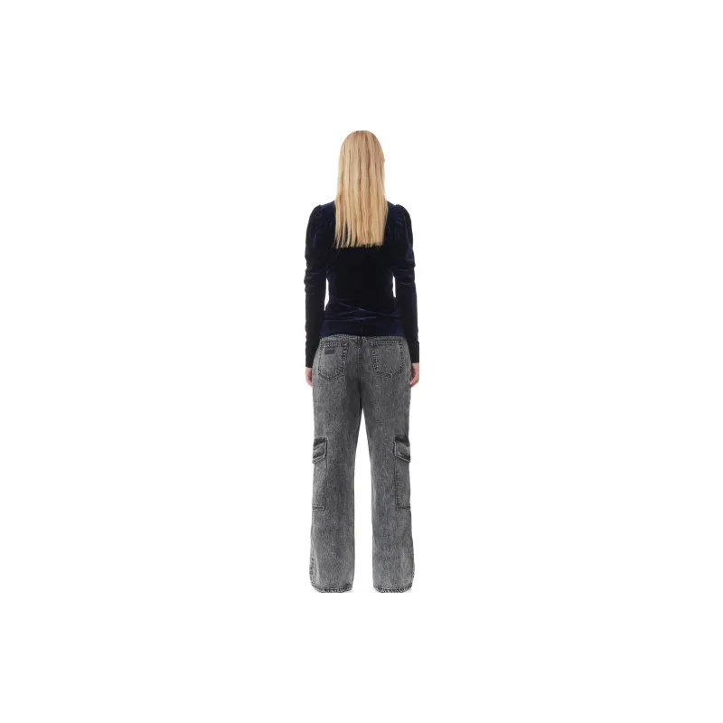 GANNI Puff-Sleeved V-Neck Velvet Blouse-1