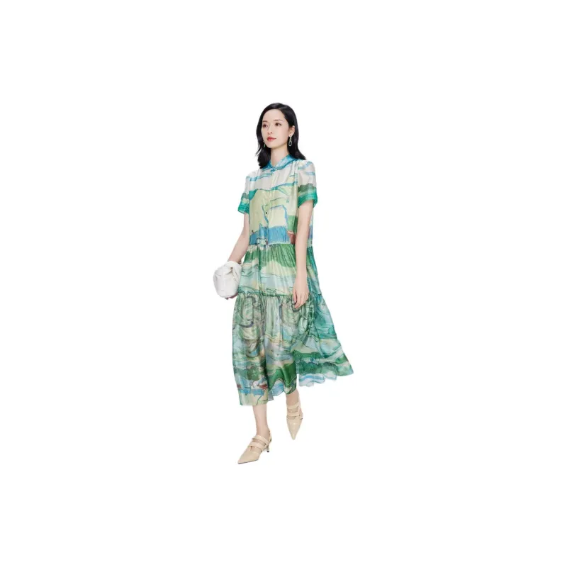 BBLLUUEE Short Sleeved Dress Women's Turquoise Green-1