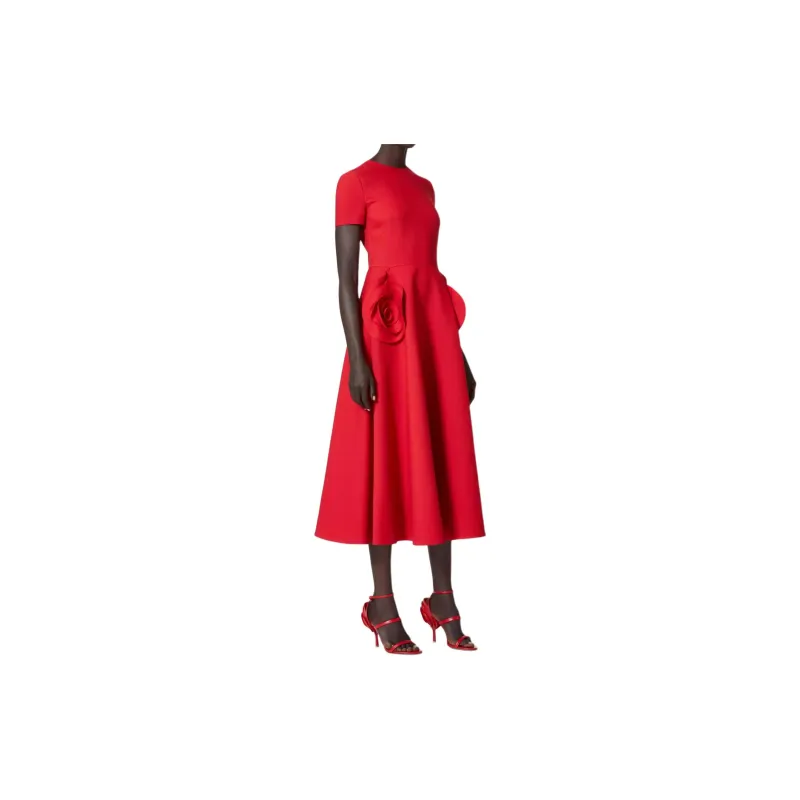 Valentino Crepe Couture Midi Dress Short-Sleeved Dresses Women's Red-3