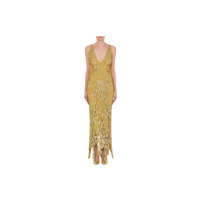 MOSCHINO Morphed Effect Satin Dress With Sequins Slip Dresses Women's Yellow-1