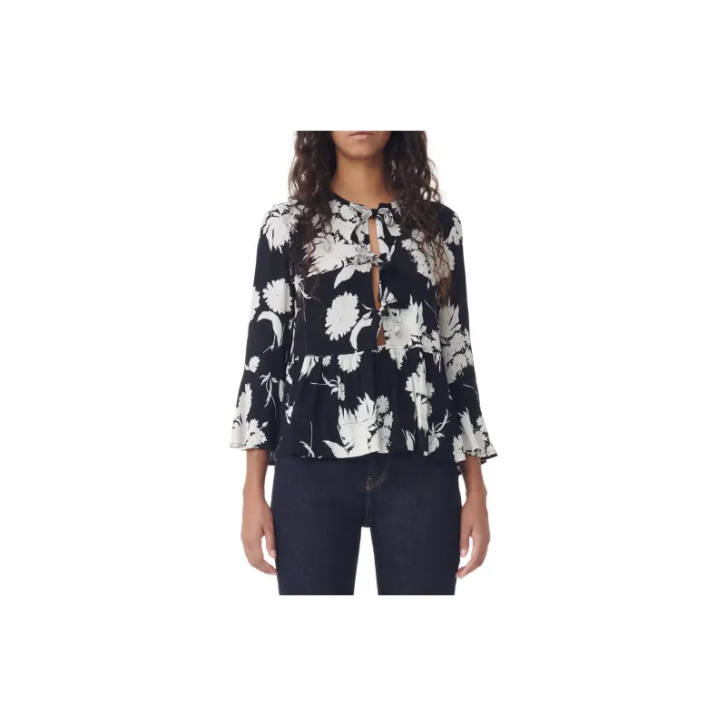 GANNI Printed Crepe Peplum Blouse Shirt Women's Black-5