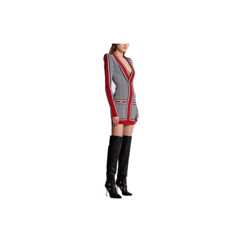 BALMAIN V neck Monogram Knitted Minidress-3