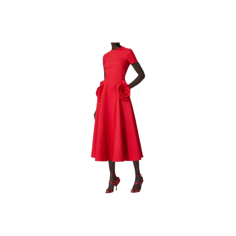 Valentino Crepe Couture Midi Dress Short-Sleeved Dresses Women's Red-1