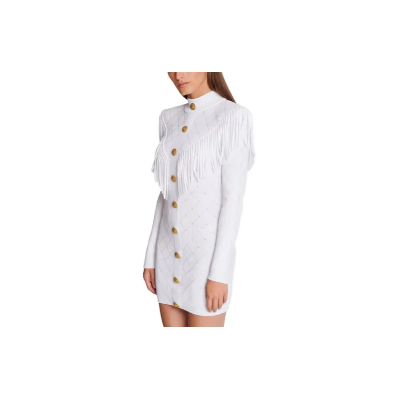 BALMAIN High Neck Fringed Knitted Minidress-4