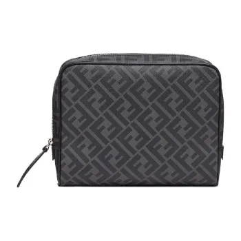 FENDI Calfskin Toiletry Bag Storage Bag Makeup Bag Unisex Black Gray Color