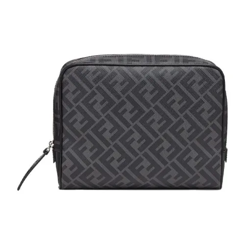 FENDI Calfskin Toiletry Bag Storage Bag Makeup Bag Unisex Black Gray Color