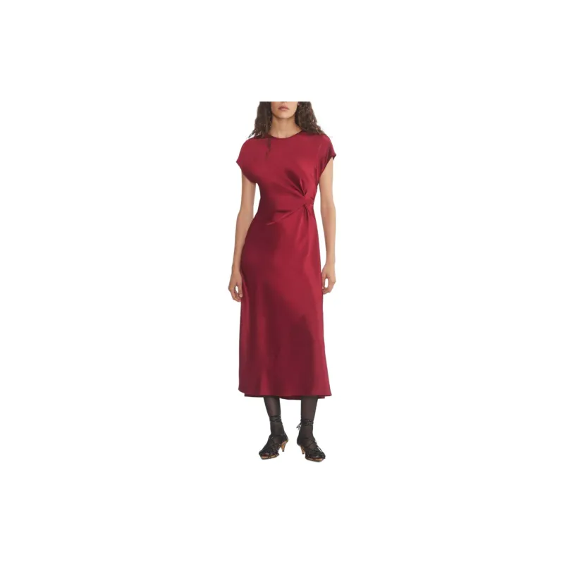 ARITZIA FW24 Wilfred Nicolette Satin Dress Short-Sleeved Dresses Women's Dark Ruby Red/Deep Gemstone Red-2