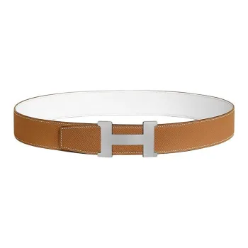 HERMES Calfskin Metal Palladium Leather Belts Men's Brown/White Width: 3.8CM