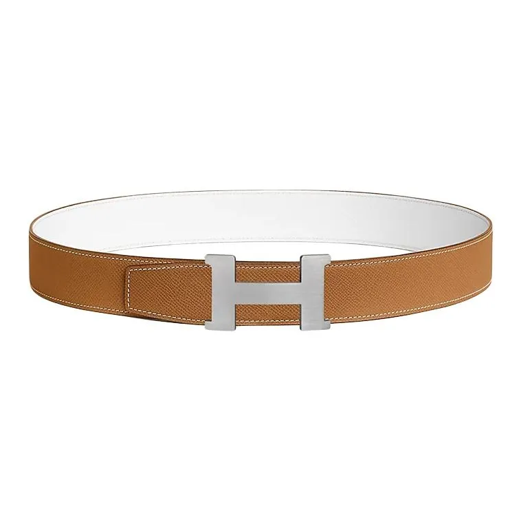 HERMES Calfskin Metal Palladium Leather Belts Men's Brown/White Width: 3.8CM-0