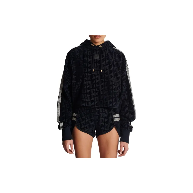 BALMAIN Monogram print Cropped Hoodie-3