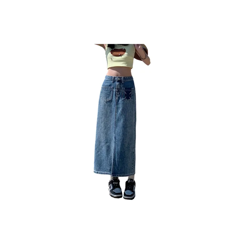 Concubine Zhu Denim Long Skirt Women's Vintage Blue-5