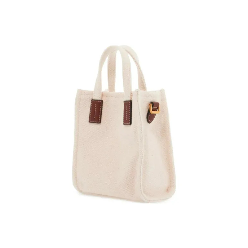 BALLY Cotton Fabric With Leather Trim Tote Bag Shopping Bag Handbag Mini Women's Beige-4