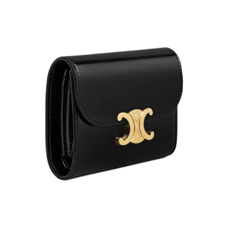 CELINE Lacquered Finish Cow Leather Wallet Small Size Women's Black-1