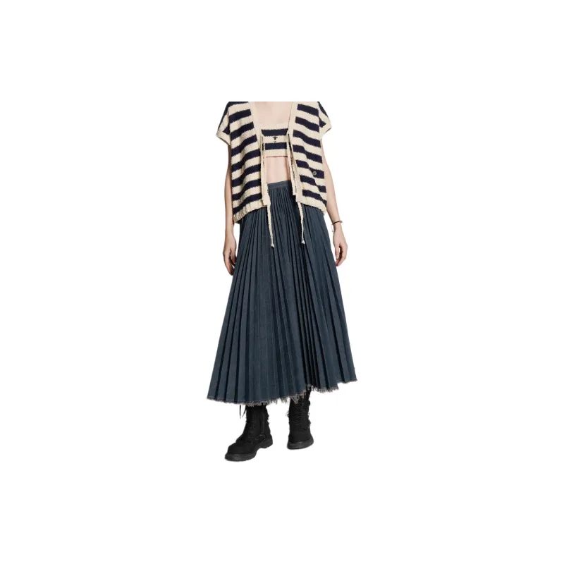 DIOR Mid-Length Pleated Skirt Casual Long Skirts Women's Blue-4