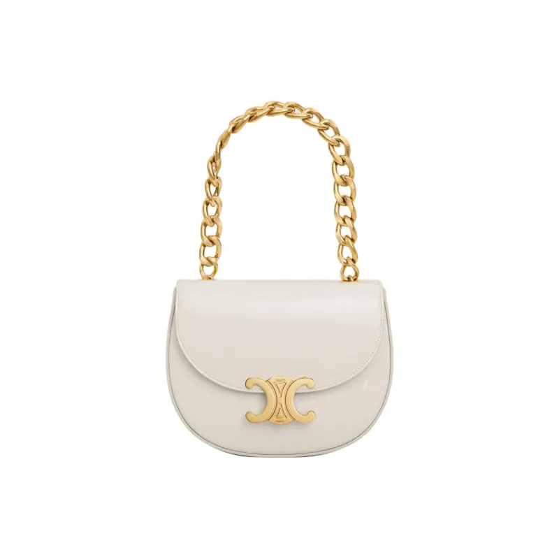CELINE Lacquered Finish Cow Leather Handbag, Shoulder Bag Trumpets Women's Cotton White-2