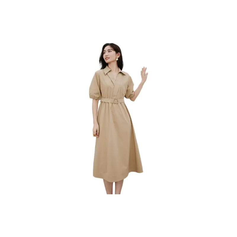 Hopeshow Short Sleeved Dress Women's Milk Coffee-4