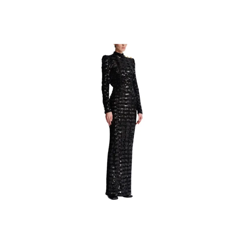 BALMAIN High-Neck Long-Sleeved Maxi Dress-3