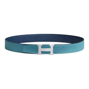 HERMES Brushed Palladium Leather Belts Unisex Denim Blue/Navy Width: 3.2cm