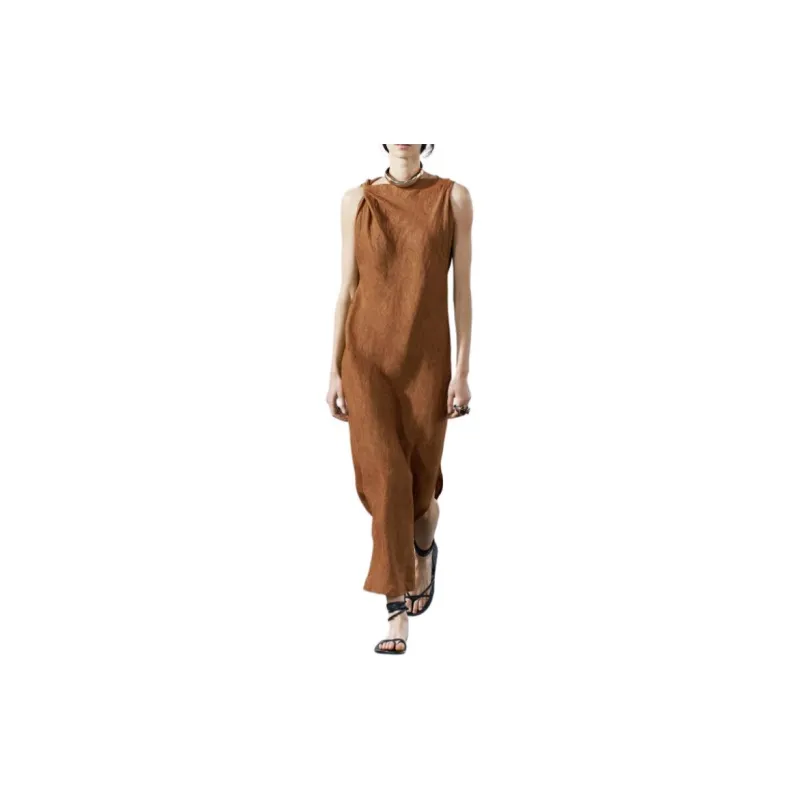 ZARA Sleeveless Dress Women's Brown Yellow-2