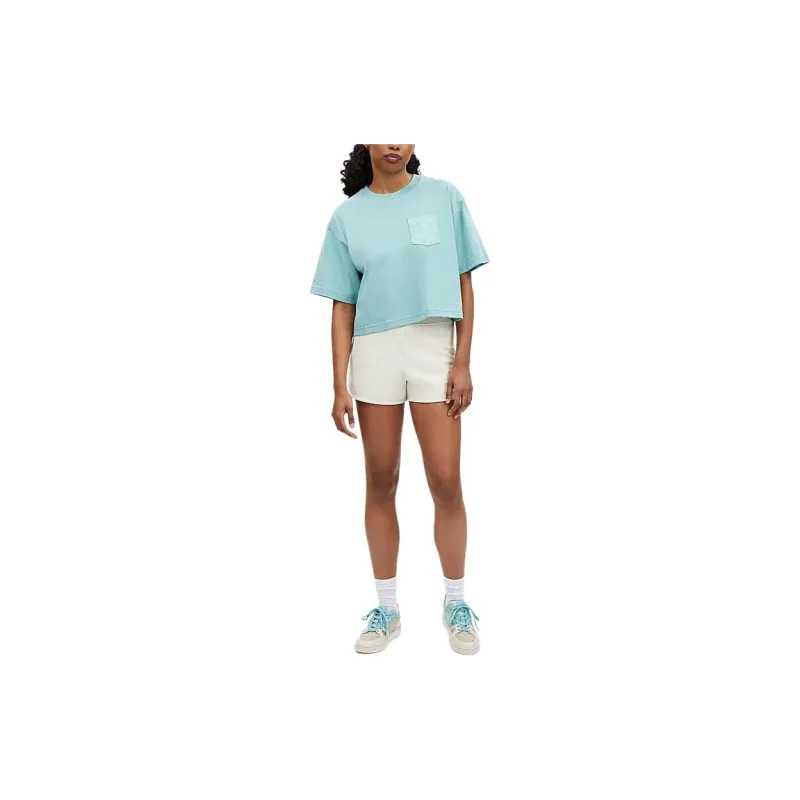 COACH Solid Color Crew Neck Cropped Short Sleeved Shirt T Shirt Women's Blue Green-1