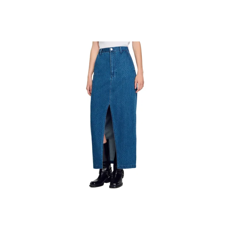 Sandro Rhinestone embellished Denim Skirt-3