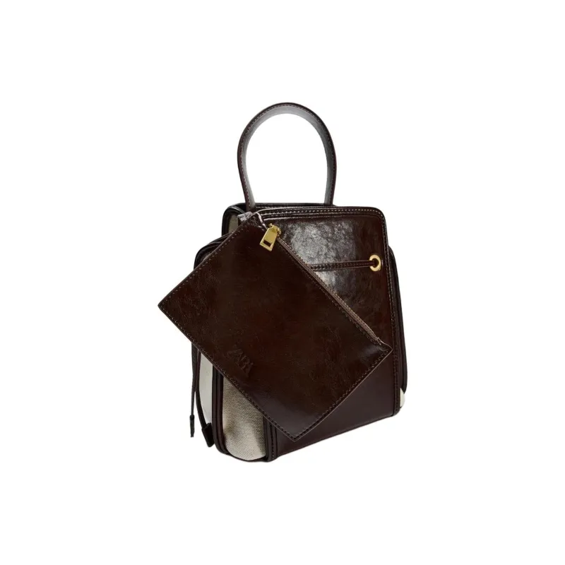 ZARA Cotton Bucket Bags Handbags Mini Women's Dark Brown-7