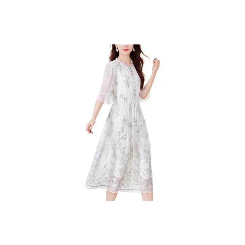 Yi Mengyuan Lace Up Silk Long Sleeved Dress Women's Green-4