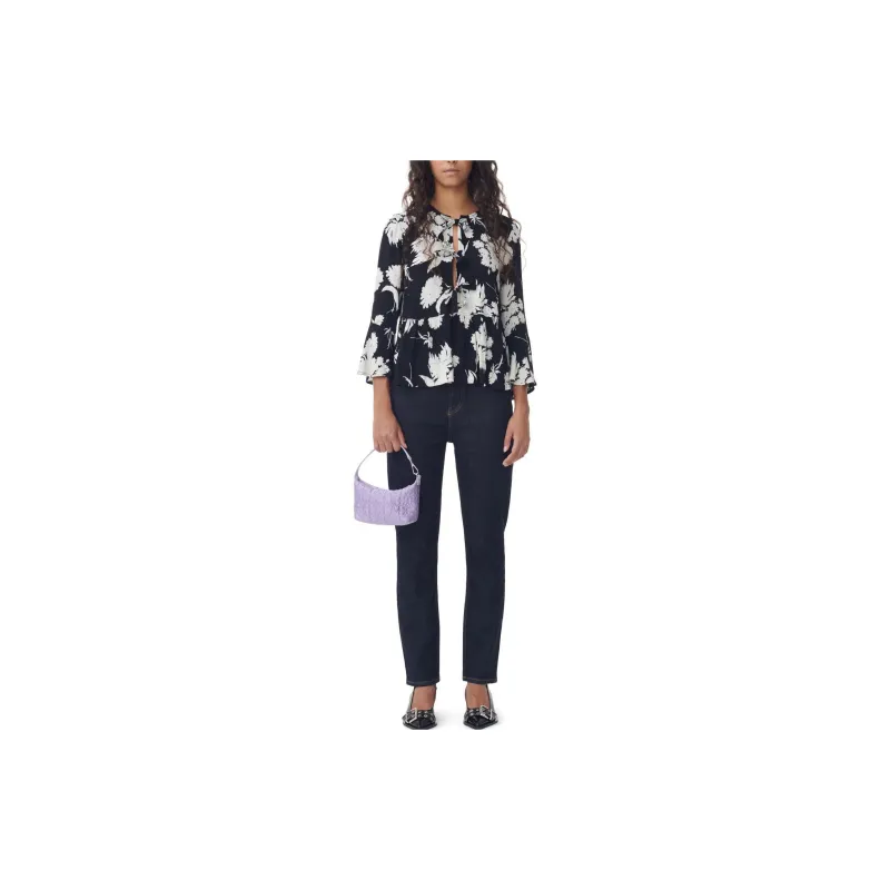 GANNI Printed Crepe Peplum Blouse Shirt Women's Black-2