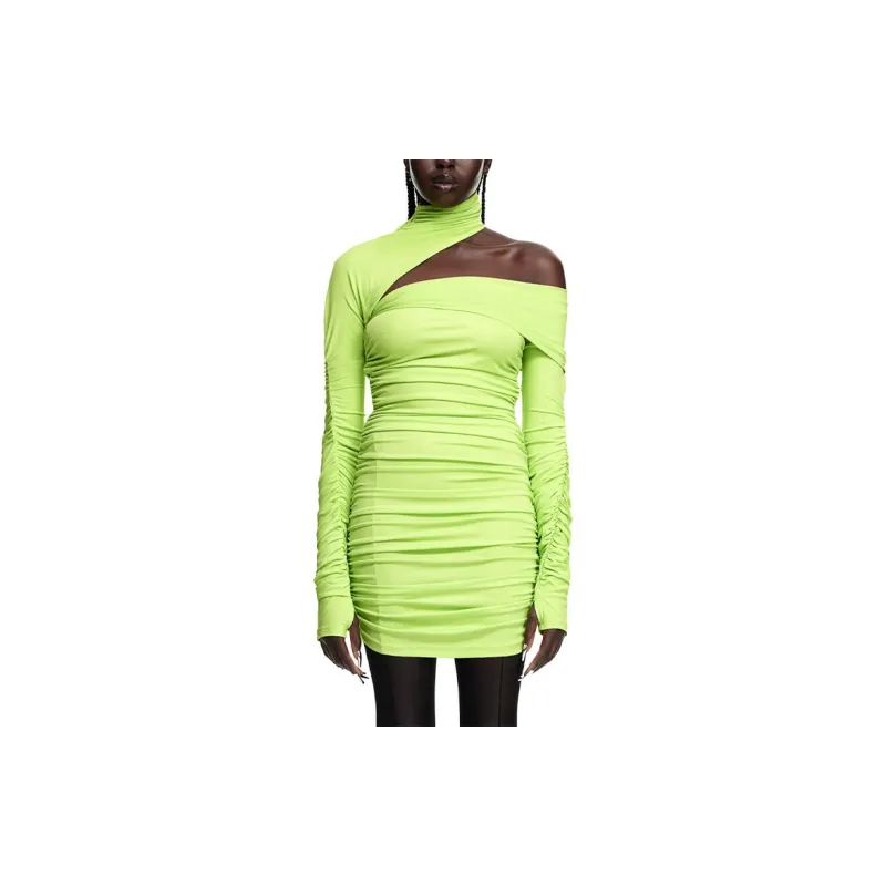 Mugler H&M Gathered One Shoulder Mini Dress Acid Green-1