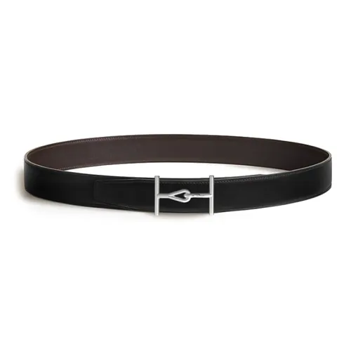 HERMES Calfskin, Stainless Steel, Rubber Leather Belts Women's Black/Brown Width 3.2cm