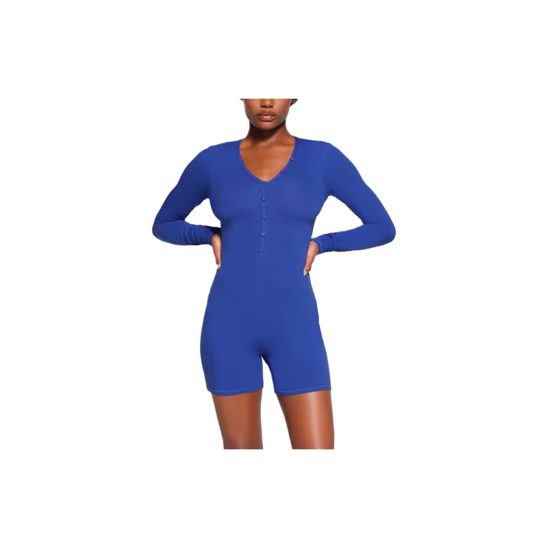 SKIMS COTTON JERSEY BUTTON UP HENLEY ONESIE Jumpsuit Women's COBALT/Cobalt Blue-2