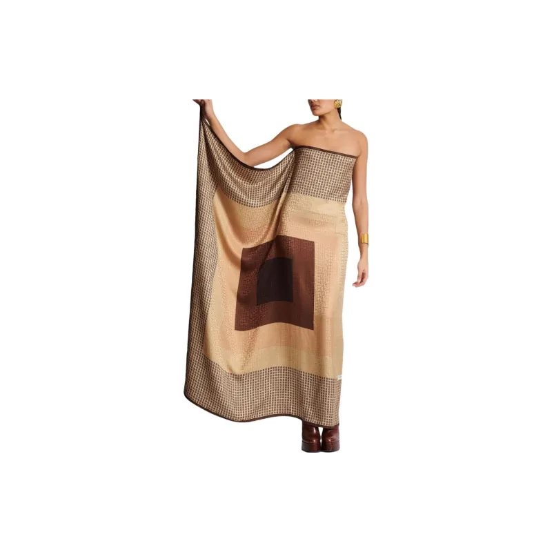 BALMAIN Monogram print Strapless Silk Maxi Dress-1
