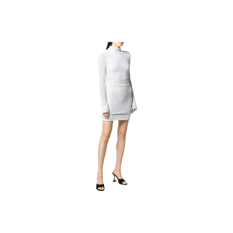 BALMAIN Long-Sleeved Dresses Women's Gray White-3