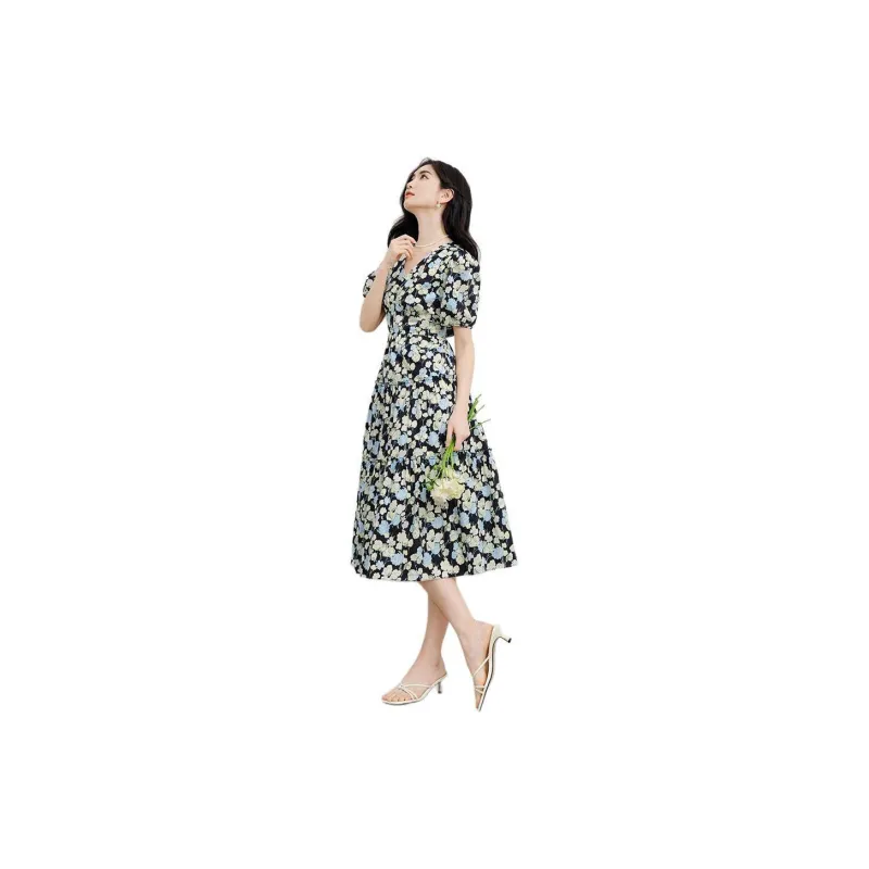 Hopeshow Short Sleeved Dress Women's Blue Floral-4