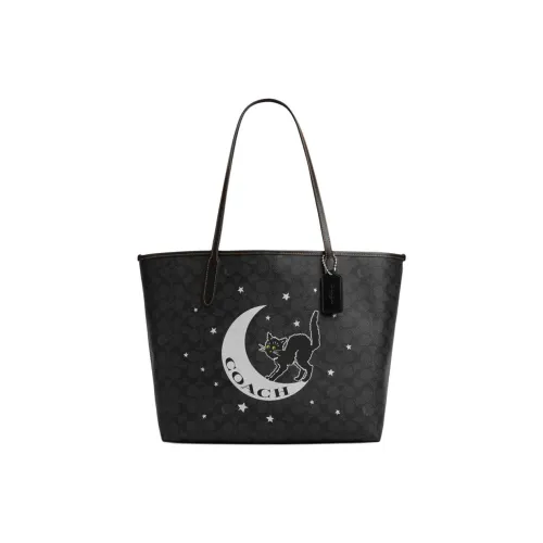 COACH PVC Bonded Leather Tote Bag Shopping Bag Handbag Large Size Women's Charcoal Gray & Black