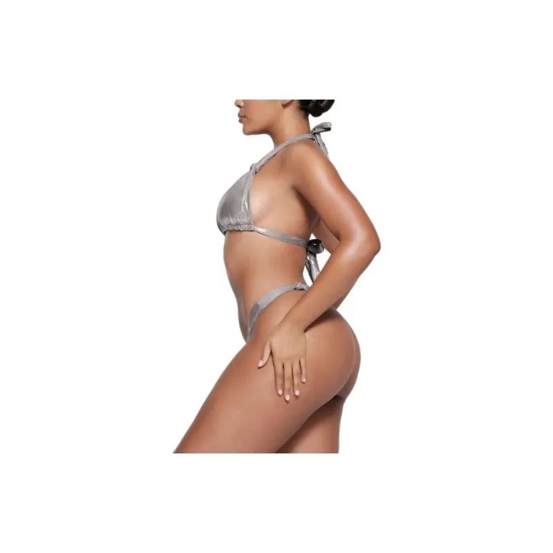SKIMS LIQUID SHINE SWIM KNOTTED MICRO TRIANGLE TOP Bikini Women's SMOKE/Smoke Gray-2