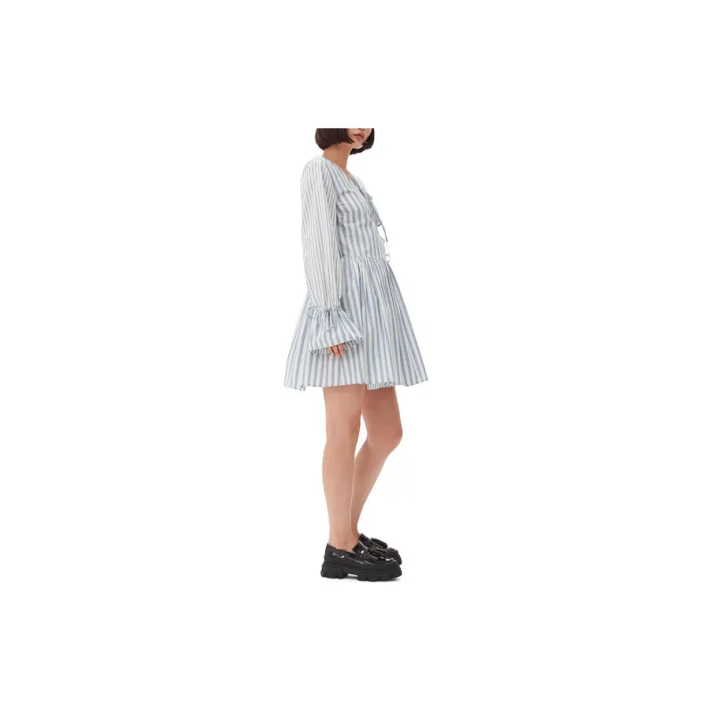GANNI Stripe print Cotton Mini Wrap Dress-3