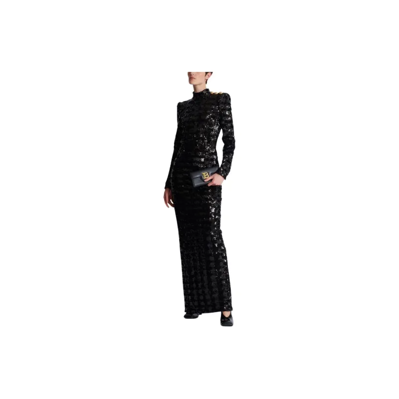 BALMAIN High-Neck Long-Sleeved Maxi Dress-1